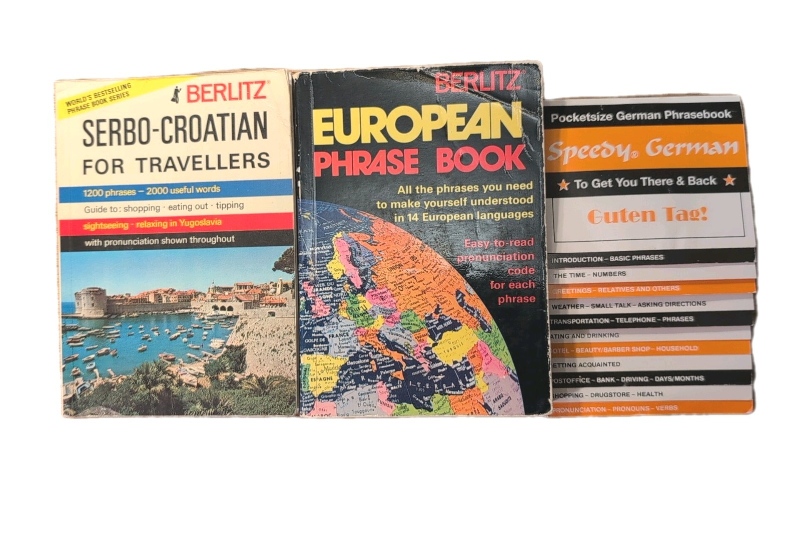 3 Vintage Phrase Books: German; Serbo-Croatian; General European