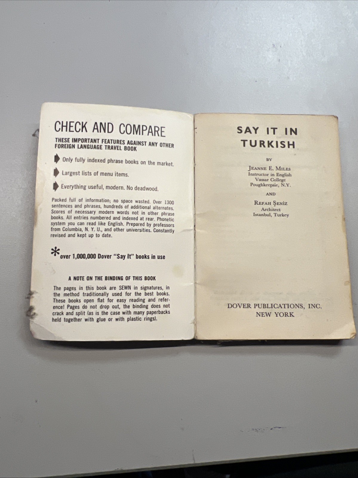 SAY IT IN TURKISH Dover Phrase Books by Jeanne Miles, Refah Seniz 1958 VINTAGE