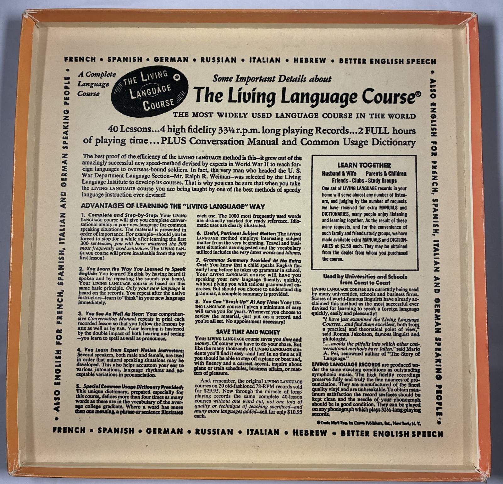 VINTAGE GERMAN LANGUAGE COURSE BOX SET. 4 33-1/3 Vinyl Albums & 2 Books. 1950s.