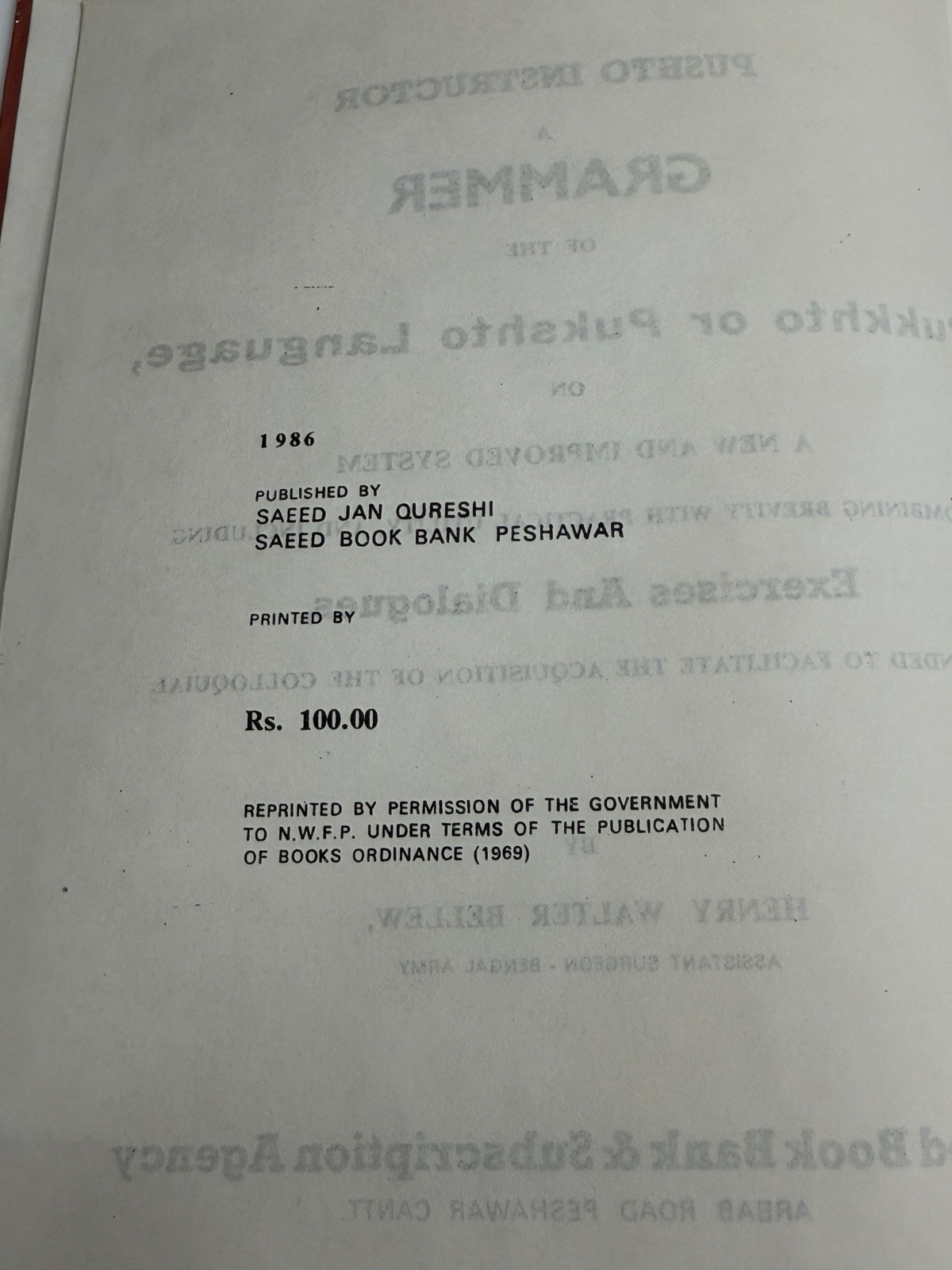 Pushto Instructor Grammar of Pukkhto/Pukshto Language Bellew 1986 Reprint