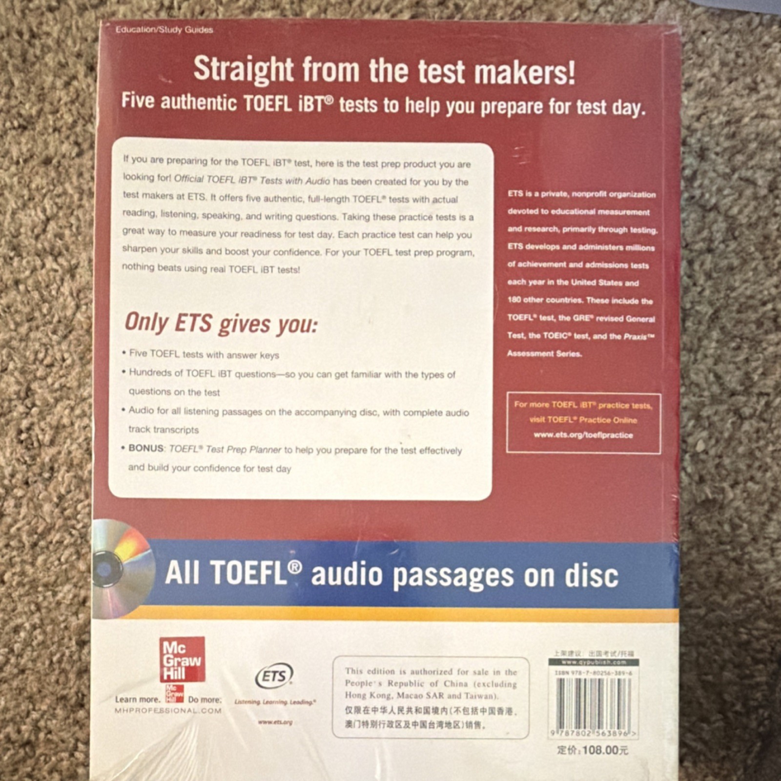 ETS Official TOEFL iBT Tests Vol 1 Book & Audio CD, 5 Tests, English/Chinese
