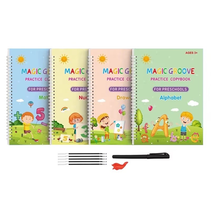 4 Pc Magic Grooved Practice Copybook,Reusable Grooved Writing Books,Handwriting