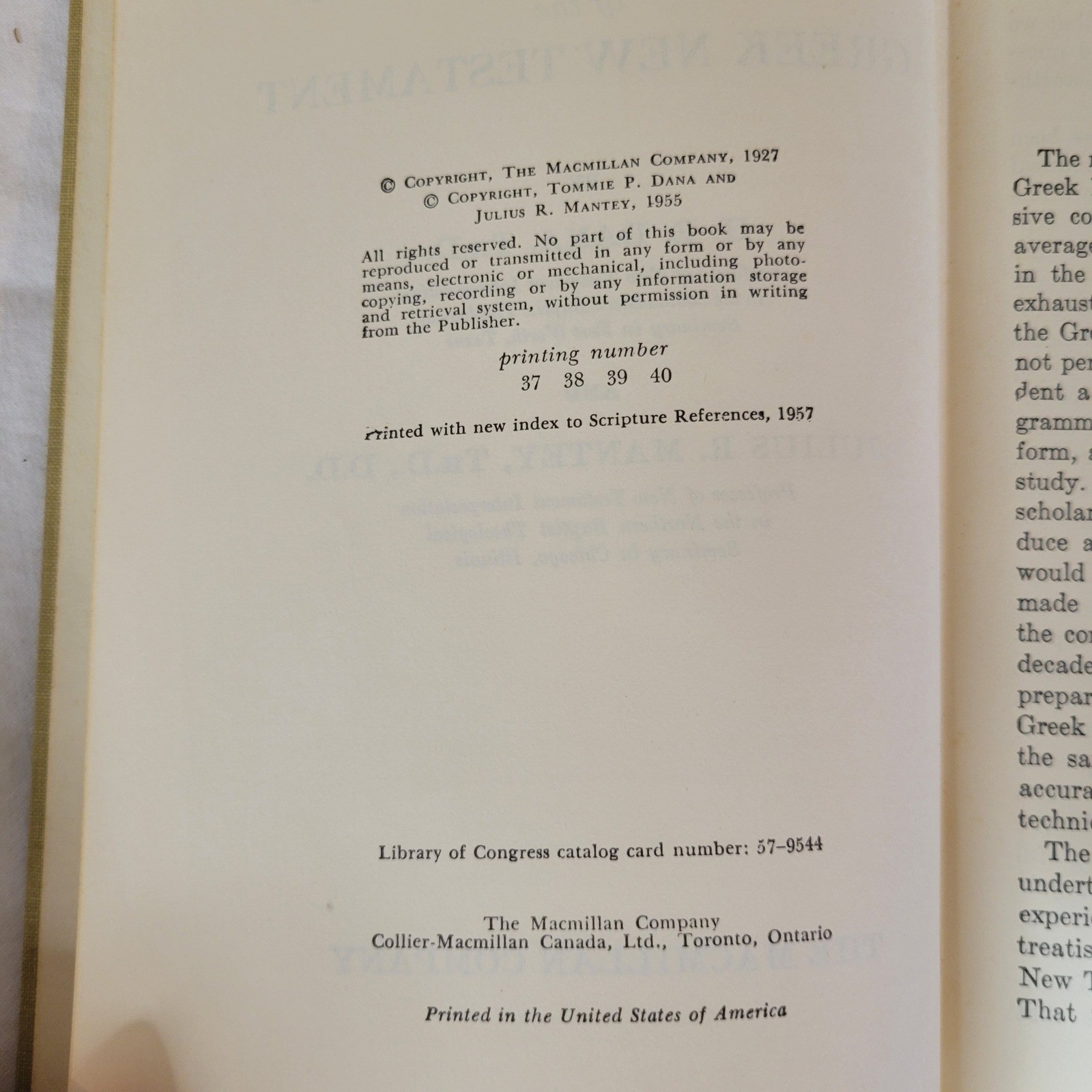 A Manual Grammar of the Greek New Testament Dana Mantey Macmillan 1957 Hardcover