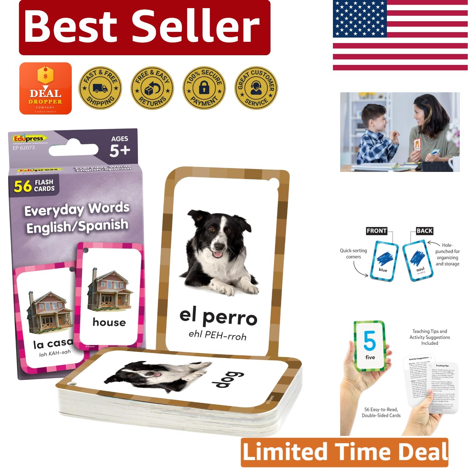 Language Skills Enhancement: 56 Double-Sided Flash Cards for Spanish & English