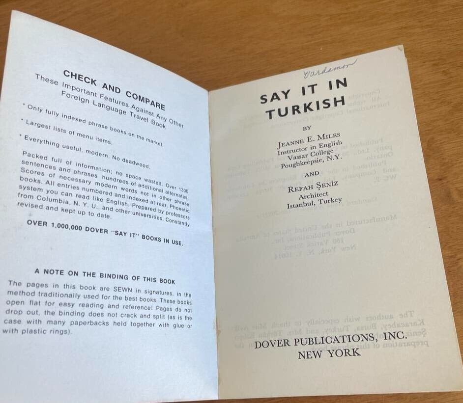 “Say It In Turkish” Dover Phrase Book Travel Language Miles & Seniz 1958 Vintage