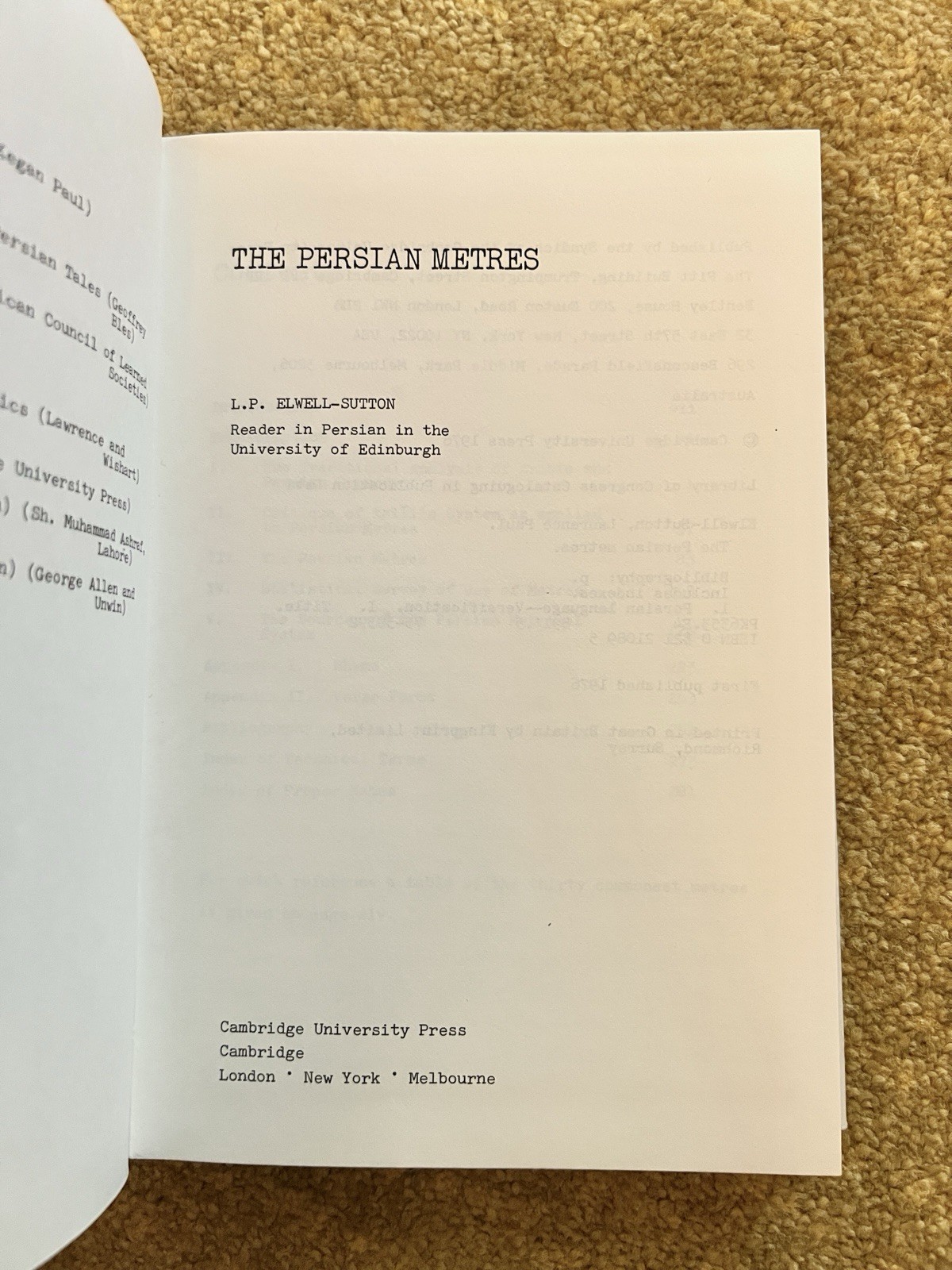 The Persian Metres by L.P. Elwell-Sutton 1976 1st Edition First Print Britain