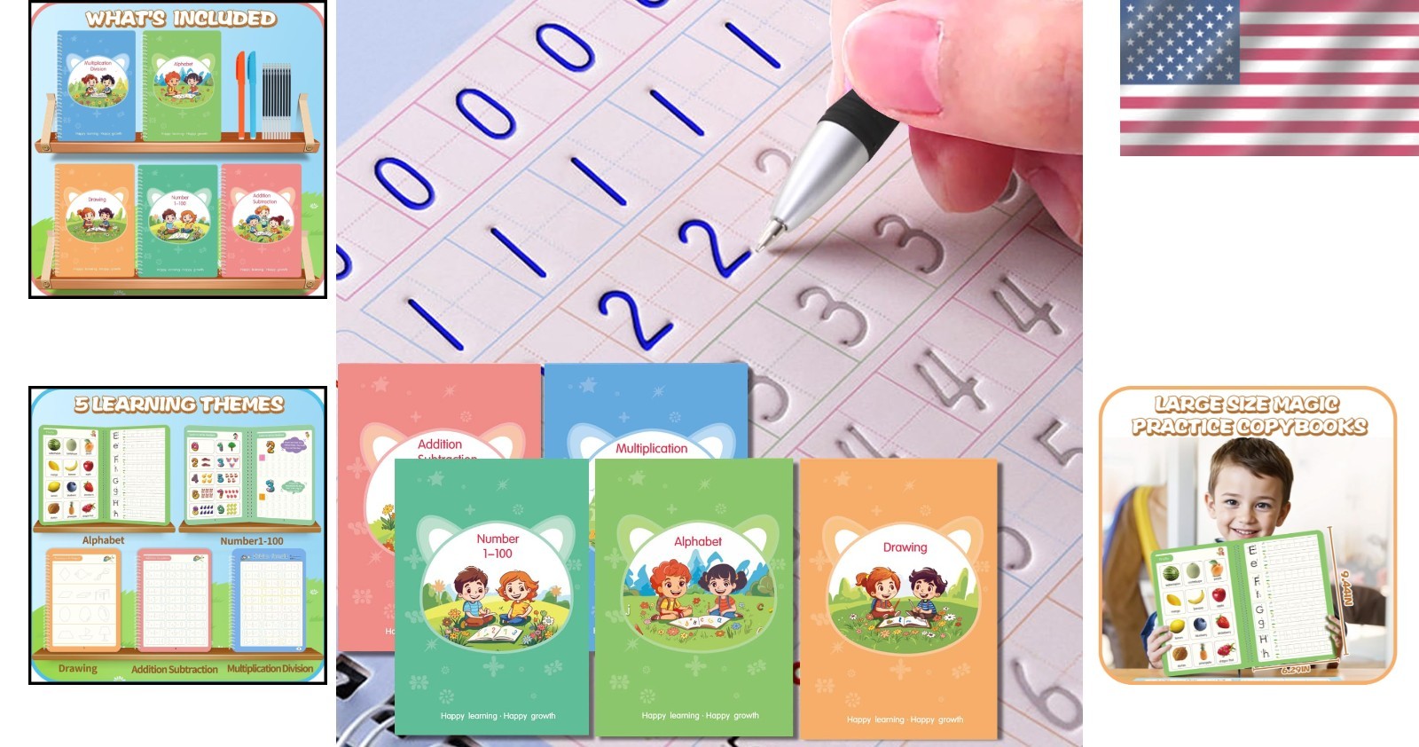 Ultimate 5-Book Calligraphy Copybook Set for Kids, Safe Silicone Pen Included