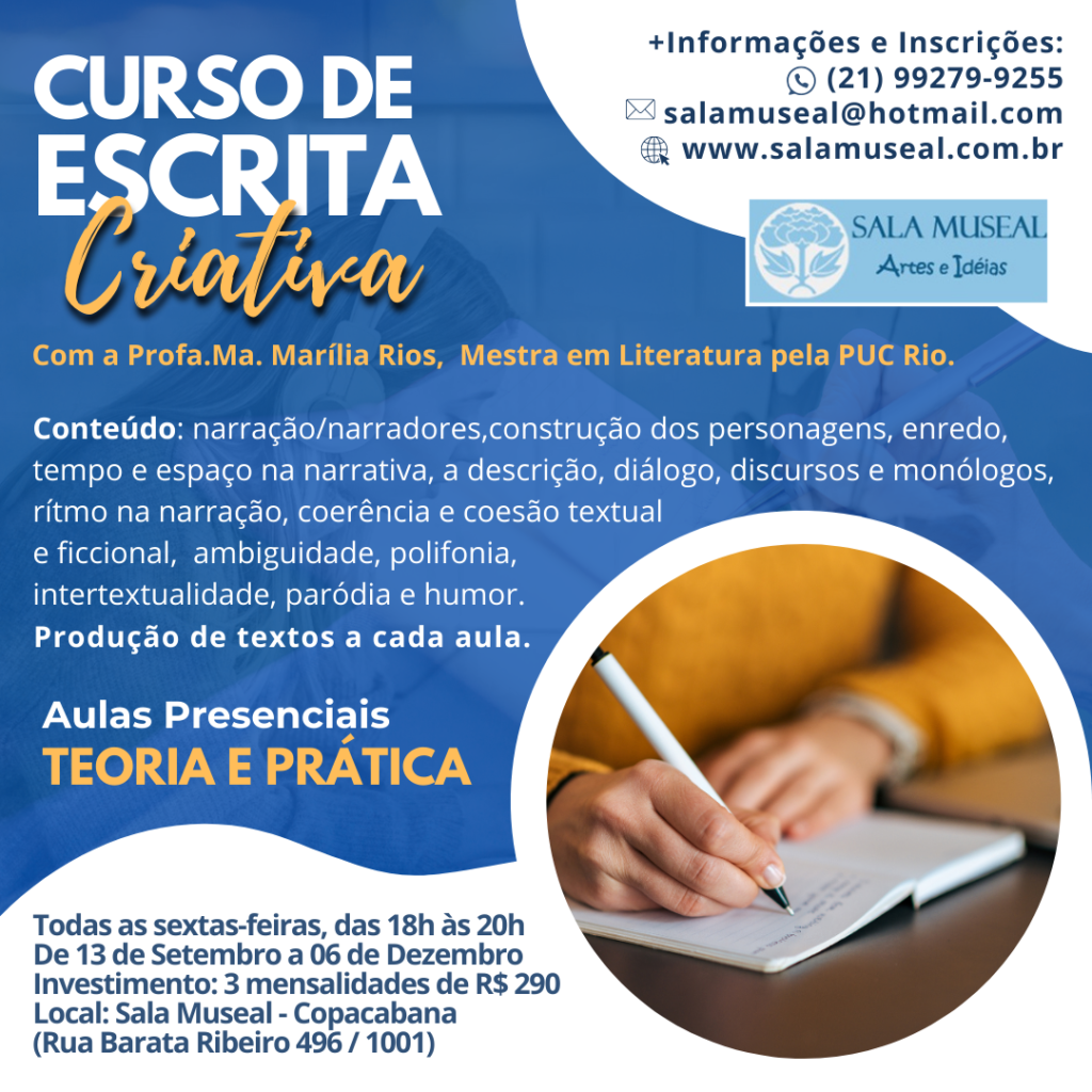 Curso de Escrita Criativa com a professora Marília Rios, mestra em Literatura pela PUC Rio.